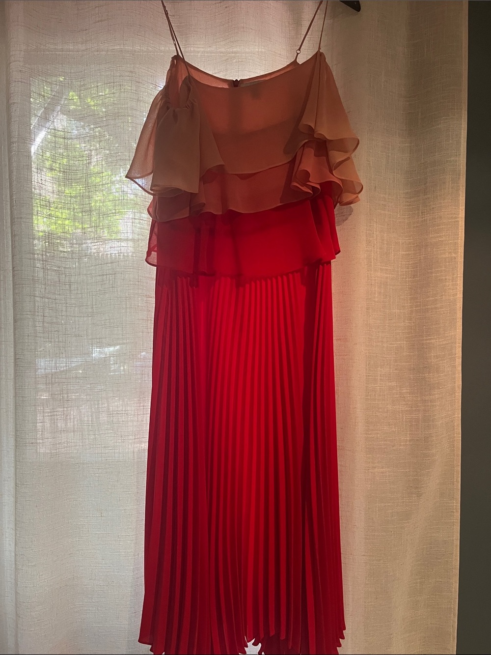 Tiered Ruffle Red Midi Dress with Pleated Skirt